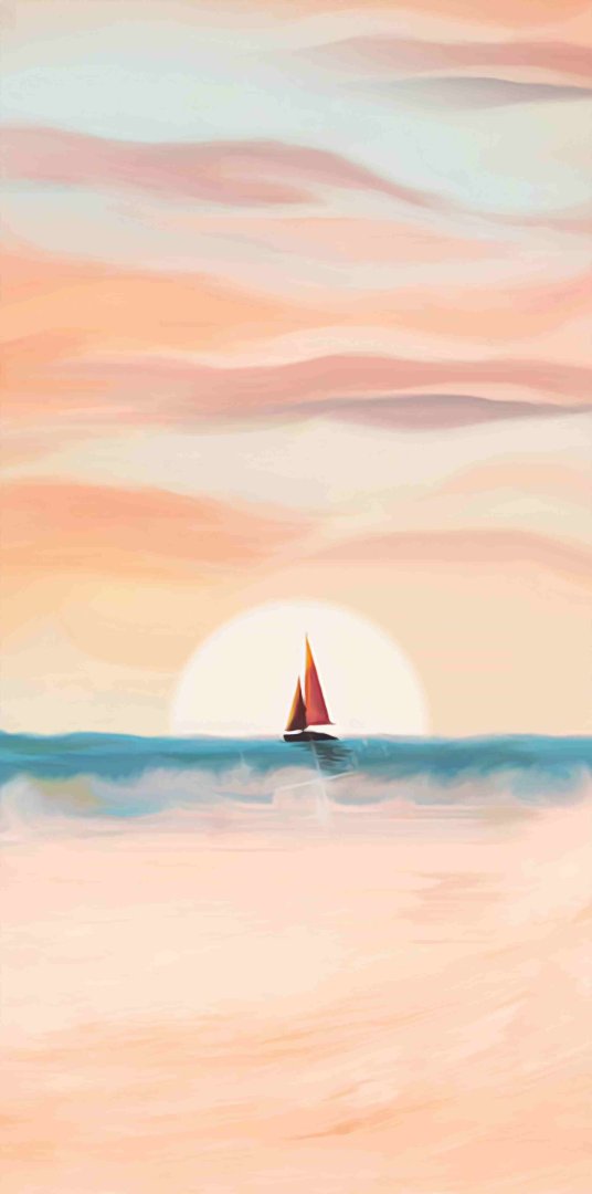 Modern wall art with a sailboat at sunset, featuring soft pastel colors and a serene ocean view.
