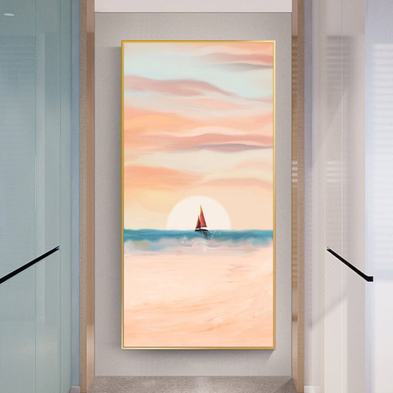 Modern framed wall art with a sunset and sailboat, perfect for luxury home decor.