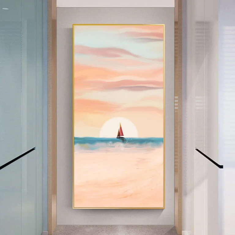 Modern framed wall art with a sunset and sailboat, perfect for luxury home decor.