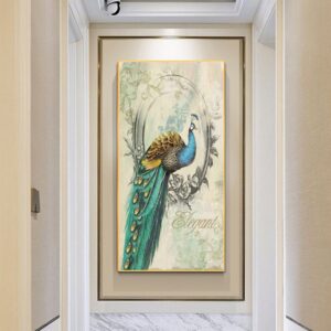 Elegant peacock wall art in a modern hallway, featuring intricate details and vibrant colors.