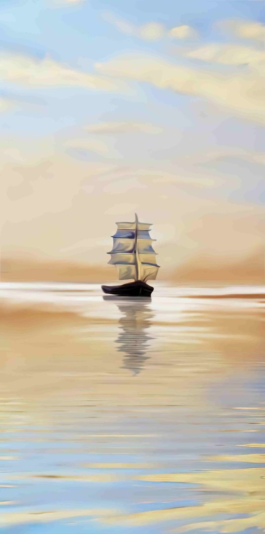 Modern wall art featuring a sailboat on calm waters with a serene sky, perfect for luxury home decor.