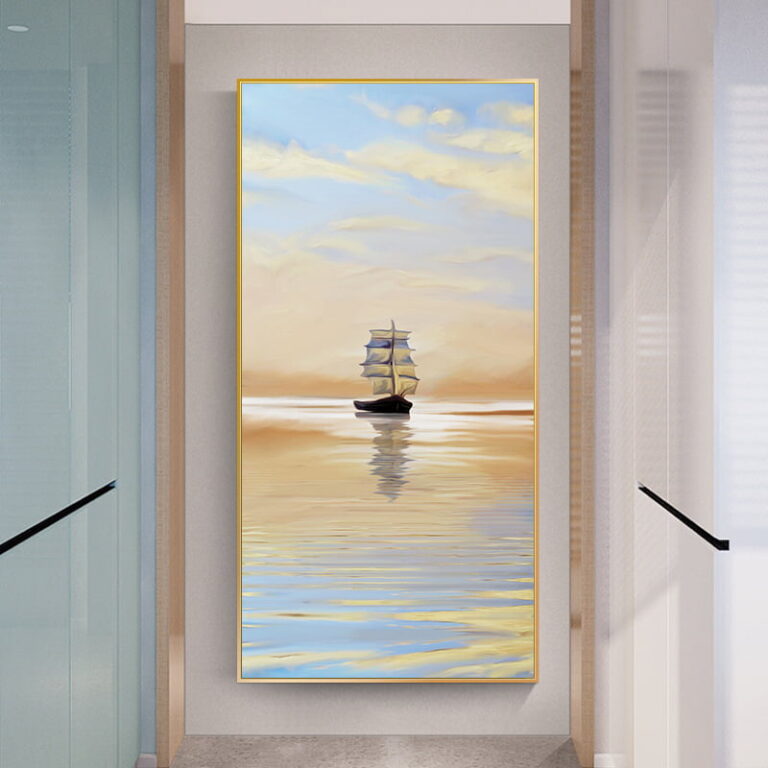 Modern framed wall art of a sailboat on calm waters, perfect for luxury home decor.