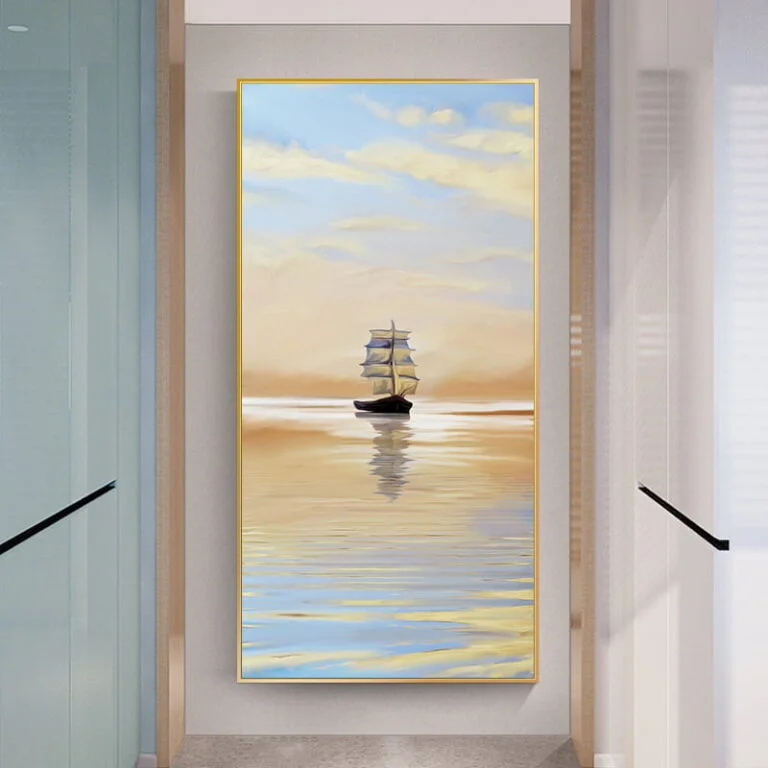 Modern framed wall art of a sailboat on calm waters, perfect for luxury home decor.