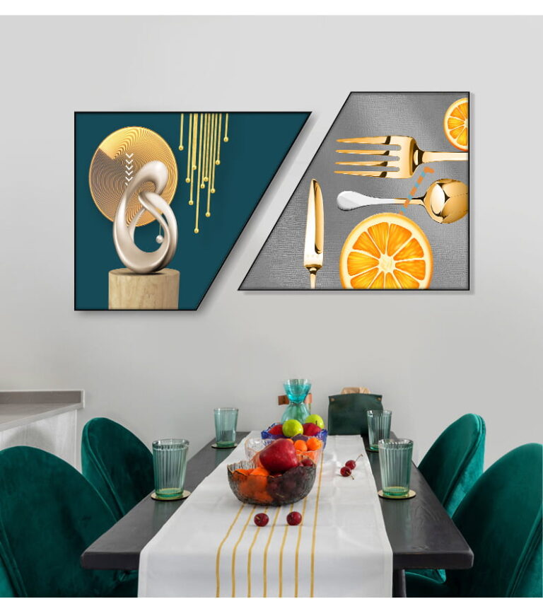 Modern dining room with geometric wall art and elegant table setting.
