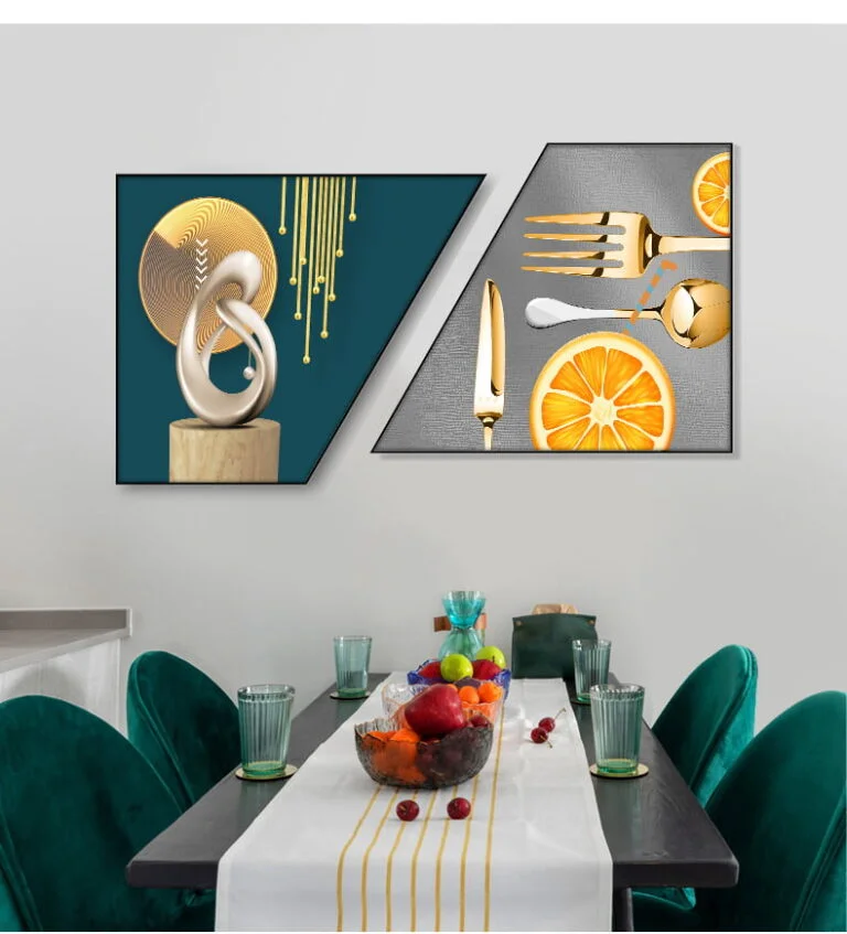 Modern dining room with geometric wall art and elegant table setting.
