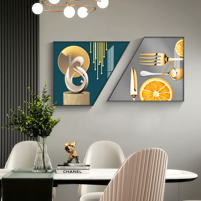 Modern luxury wall art with abstract design and gold accents in a stylish dining room.