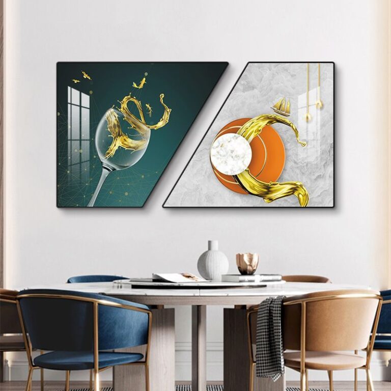 Modern geometric wall art with gold accents in a stylish dining room setting.