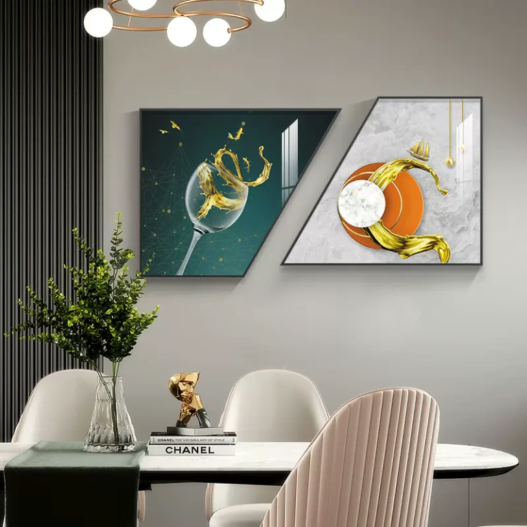 Modern luxury wall art with geometric frames and gold accents in a stylish dining room.