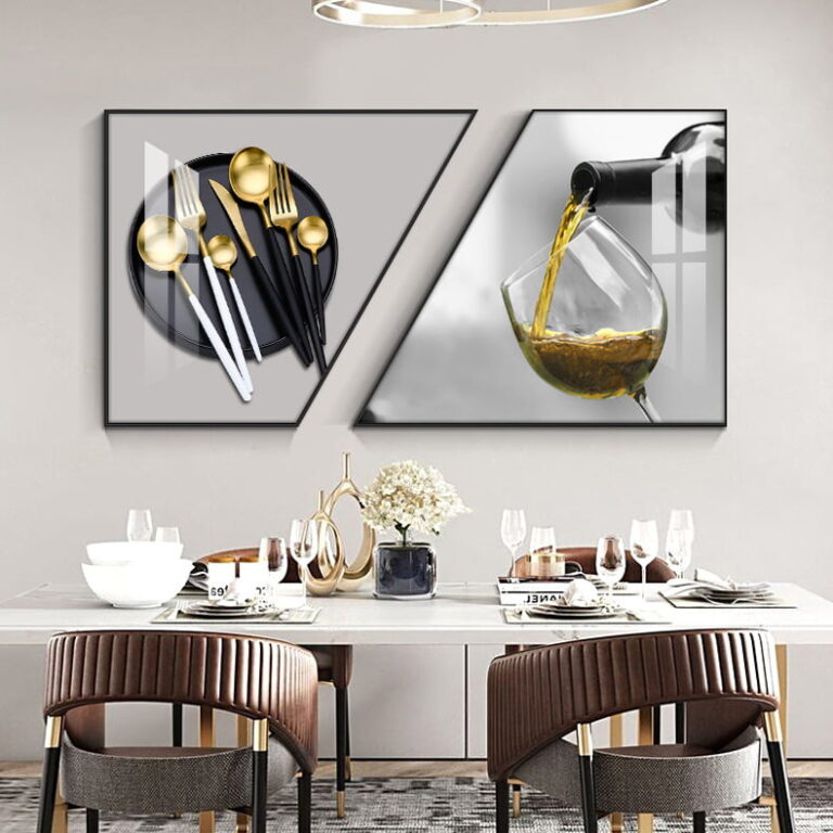Modern dining room with abstract wall art featuring cutlery and wine pouring, elegant table setting.