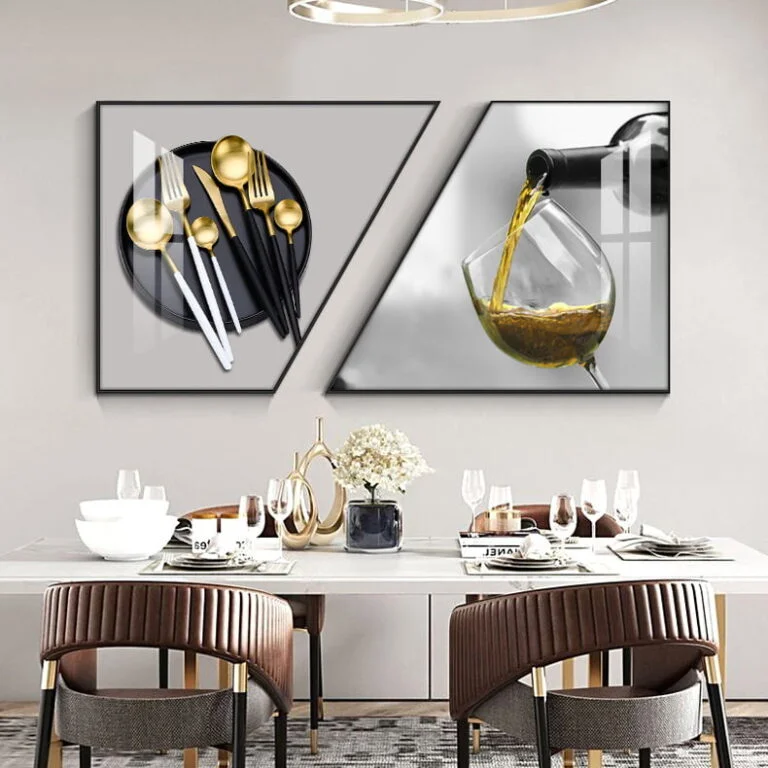 Modern dining room with abstract wall art featuring cutlery and wine pouring, elegant table setting.