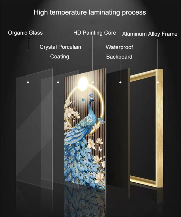 Crystal Porcelain wall art with peacock design and aluminium frame.