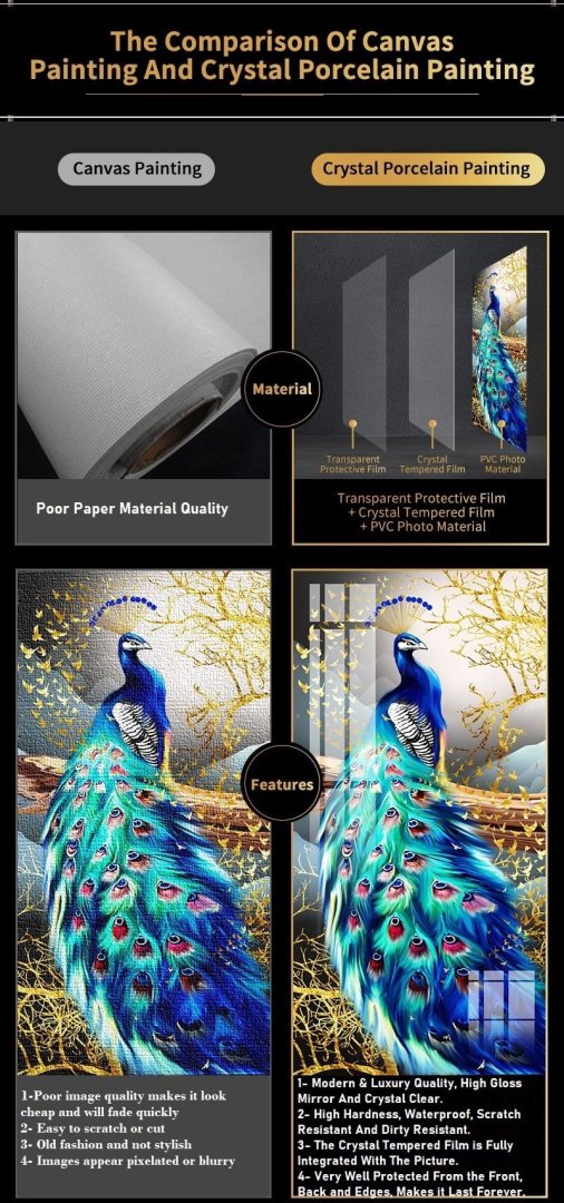 Comparison of canvas painting and Crystal Porcelain painting featuring a peacock design.