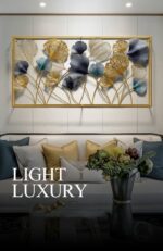 Modern luxury wall art with gold and blue floral design above a stylish sofa.