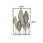 Modern metal wall art with leaf design in black and gold, 53cm by 84cm.