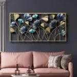 Modern luxury wall art with floral design in gold and blue above a pink sofa.
