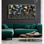 Modern luxury wall art with floral design above a green sofa in a stylish living room.