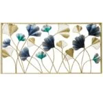Modern metal wall art with blue and gold floral design, perfect for luxury home decor.