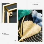 Golden and colorful modern wall art with floral design and metal frame.
