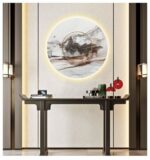 Modern luxury home decor with illuminated wall art and decorative accessories.