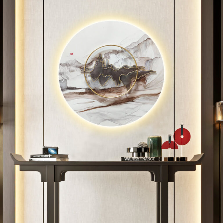Modern luxury illuminated wall art with abstract design and LED lighting.