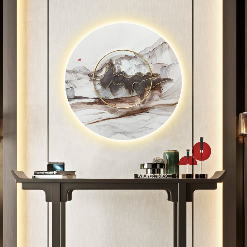 Modern luxury illuminated wall art with abstract design and LED lighting. Modern luxury illuminated wall art with abstract design and LED lighting.
