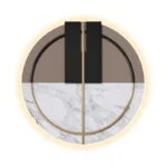 Modern circular wall art with marble and gold accents, featuring LED illumination.