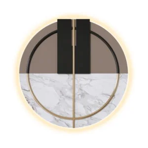 Modern circular wall art with marble and gold accents, featuring LED illumination.
