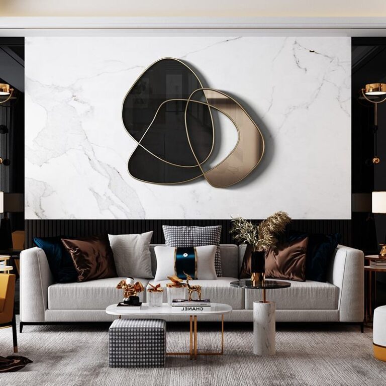 Modern luxury living room with abstract wall art and elegant decor.