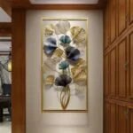 Modern luxury metal wall art with floral design in gold and blue tones, perfect for home decor.