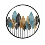 Modern decorative metal wall art with colorful leaf design in a circular frame.