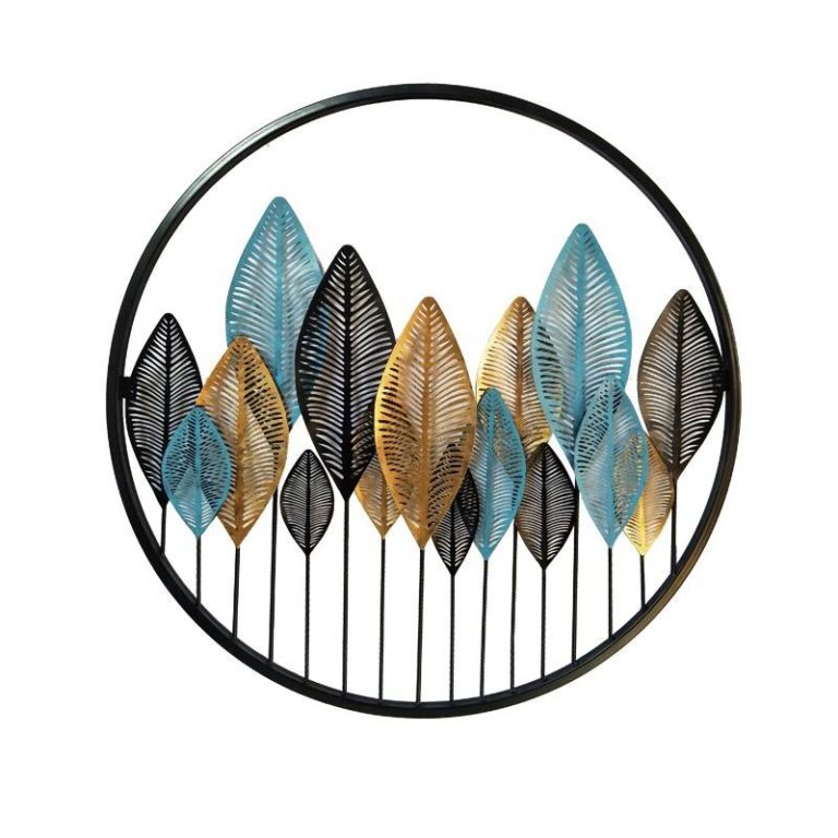 Modern decorative metal wall art with colorful leaf design in a circular frame.