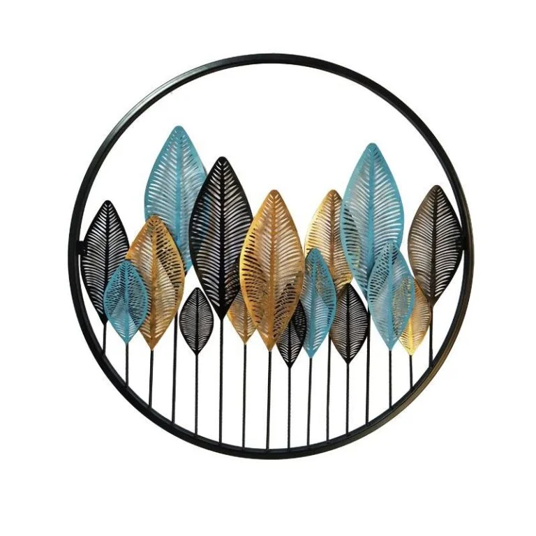 Modern decorative metal wall art with colorful leaf design in a circular frame.