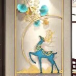Modern luxury wall art with a blue and gold deer design in a gold frame.