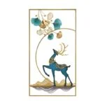 Modern luxury wall art with a blue and gold deer design, framed in aluminium.