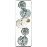 Modern aluminium framed wall art with intricate leaf design in gold and teal.