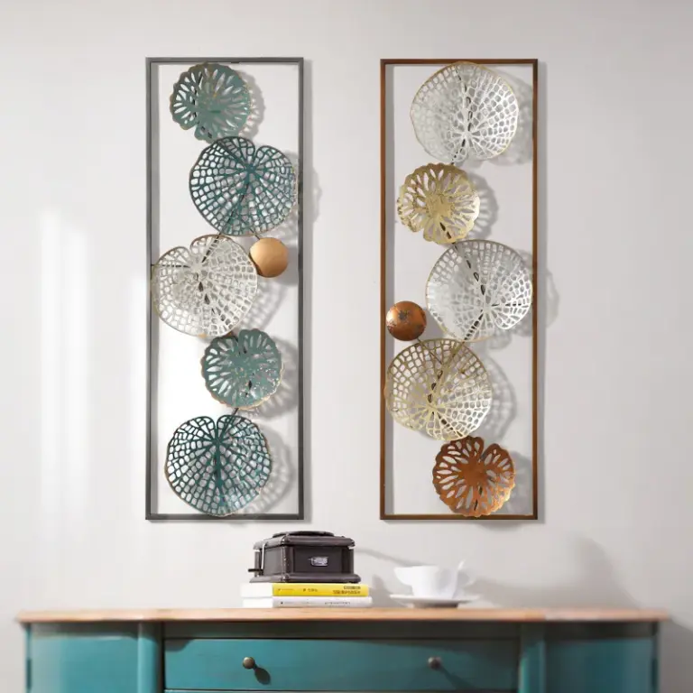 Modern metal wall art with geometric patterns in a luxury home setting.