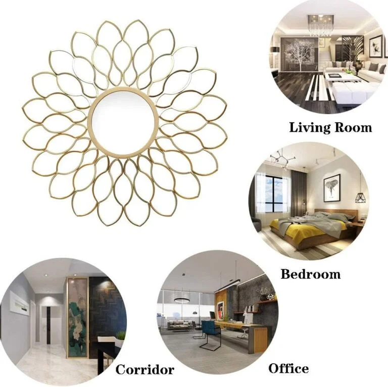 Gold decorative wall mirror with petal design for modern home decor in living room, bedroom, corridor, and office.