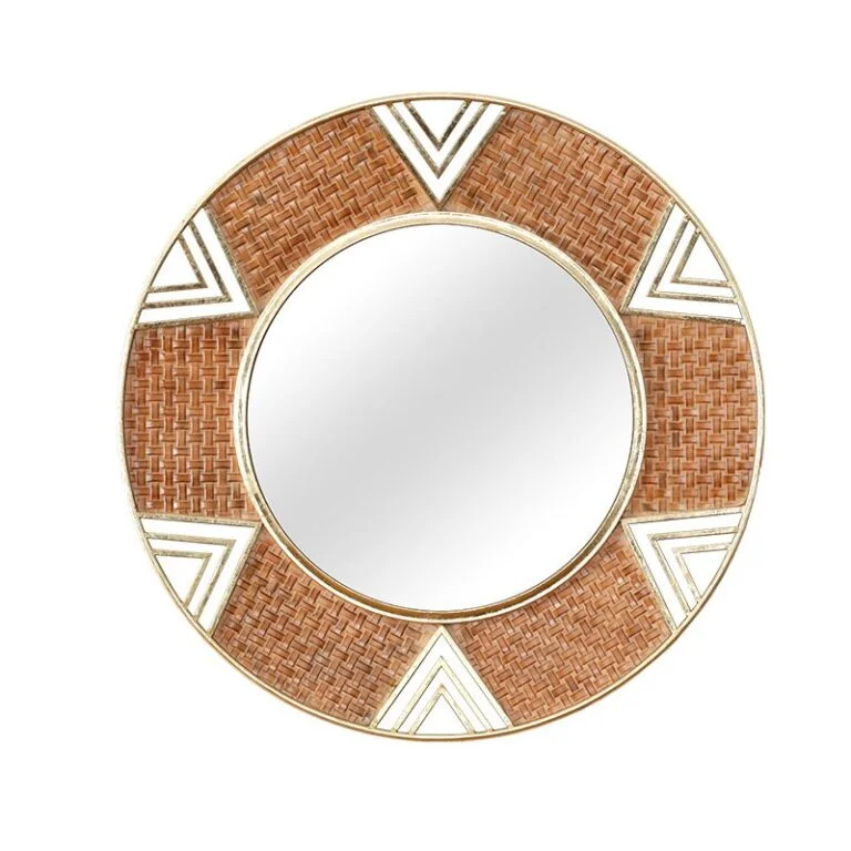 Round decorative wall mirror with woven pattern and geometric accents.
