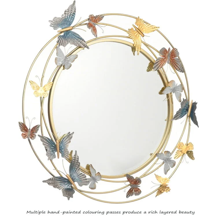 Round decorative mirror with colorful butterfly accents, ideal for modern luxury home decor.