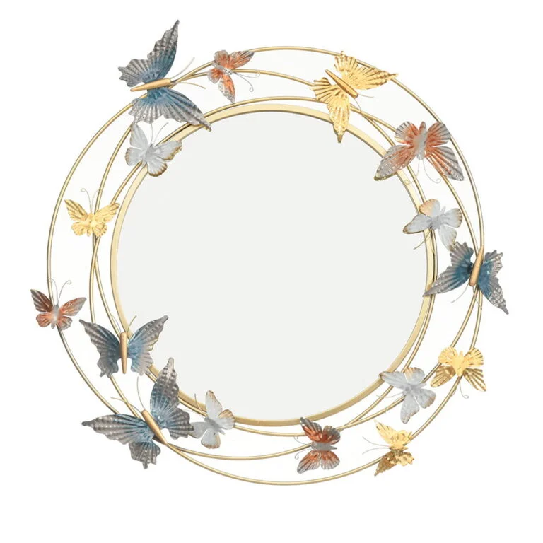 Round decorative mirror with colorful butterfly accents, perfect for modern and luxury home decor.