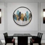 Modern wall art with colorful leaves in a circular frame, luxury home decor.