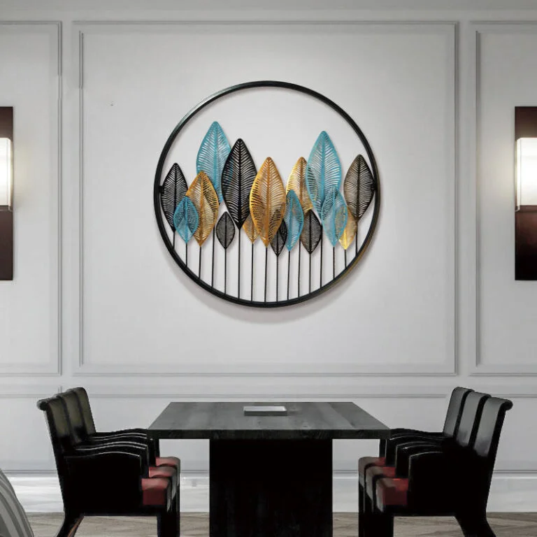 Modern wall art with colorful leaves in a circular frame, luxury home decor.