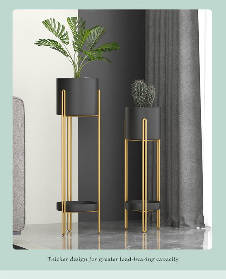 Modern gold and black indoor planters with plants, enhancing luxury home decor.