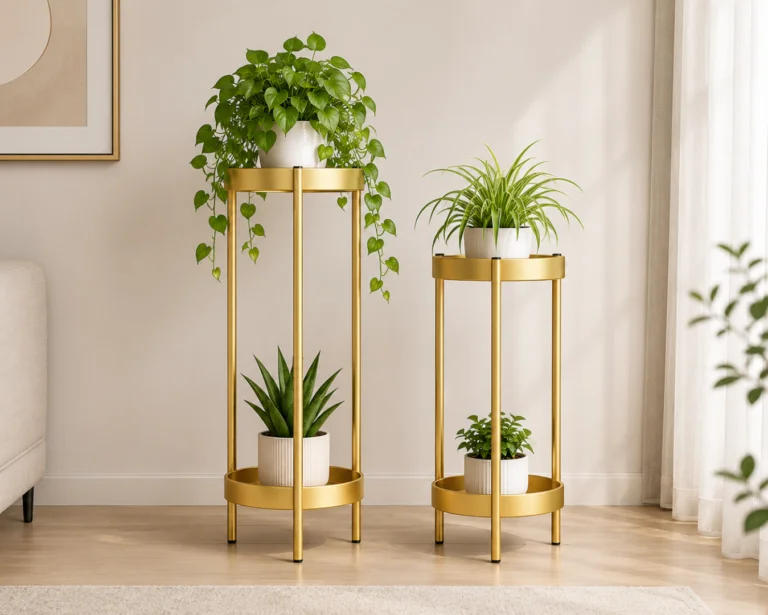 Modern gold planters with green plants in a stylish living room setting.