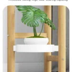 Modern indoor planter with wooden stand and white pot.