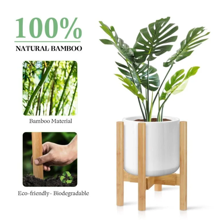 Eco-friendly bamboo planter with green plant, modern home decor accessory.