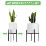 Adjustable modern indoor planters with black stands and green plants.