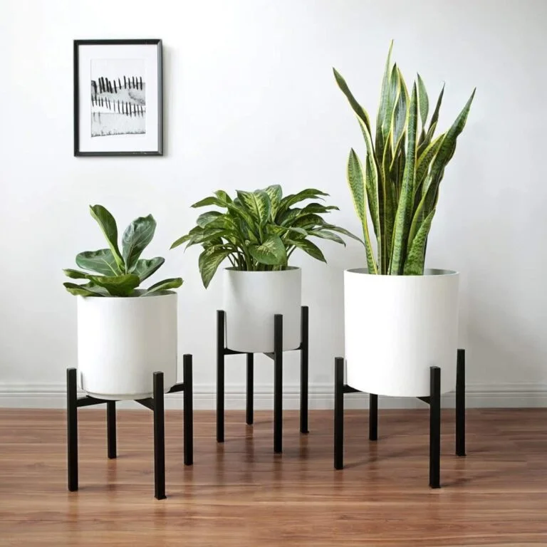Modern indoor planters with green plants and framed wall art in a stylish room.