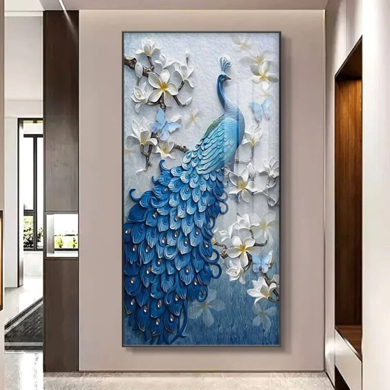Modern luxury wall art featuring a blue peacock with floral accents, framed in a hallway setting.