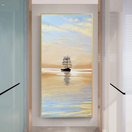Wall Art Frame Beautiful Boat Scene - Modern Large Painting Decoration for Home, Office, Hotel, Restaurant - Crystal Porcelain Glass 40*80cm